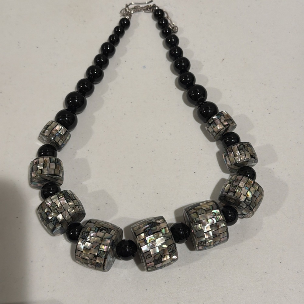 Vtg Jay King DTR Black Onyx & Abalone Mosaic 925 Sterling Necklace 18"-21"